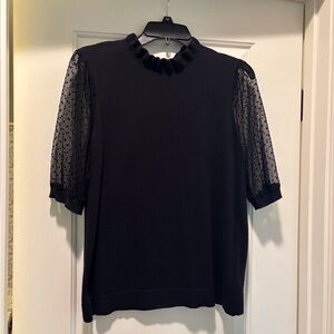 Anne Klein Black Puff-Sleeve Ruffle lightweight sweater